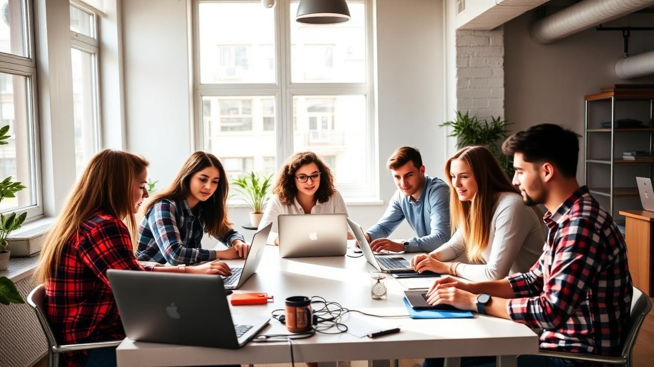 Builders collaborating together in a modern workspace